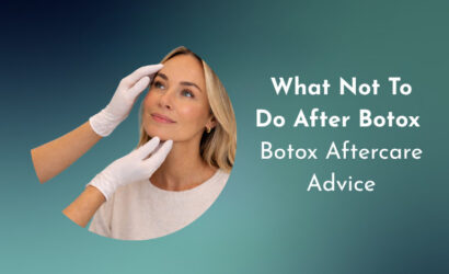 Woman receiving Botox consultation with practitioner hands examining forehead and chin, illustrating Botox aftercare advice