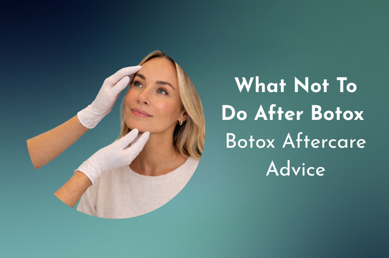 Woman receiving Botox consultation with practitioner hands examining forehead and chin, illustrating Botox aftercare advice