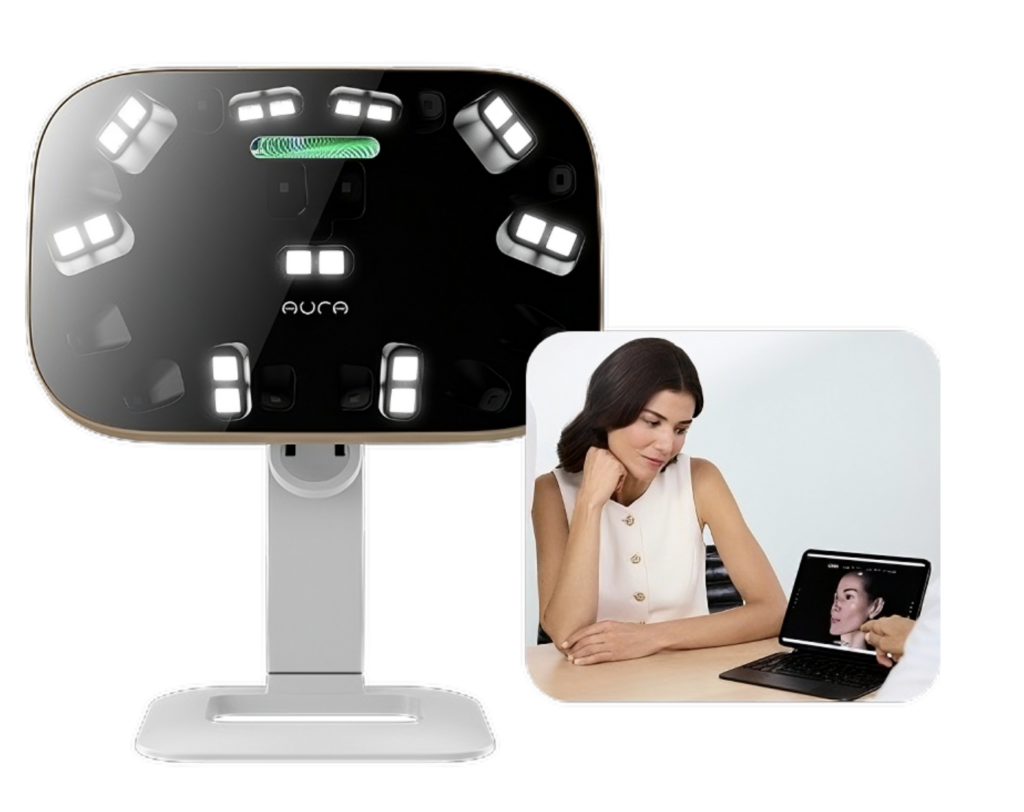 Oval black LED facial treatment device on a stand with multiple panel lights; inset image shows a woman looking at a laptop displaying a face.