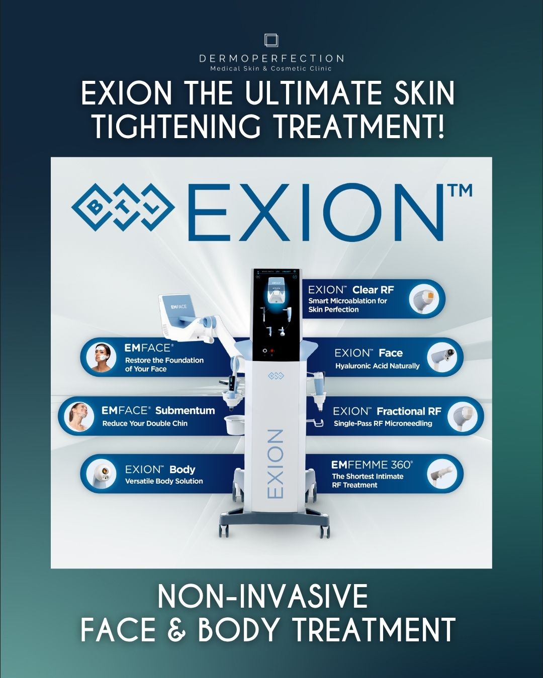 Promotional poster for Exion non-invasive skin tightening, featuring the Exion device and blue feature banners surrounding it.