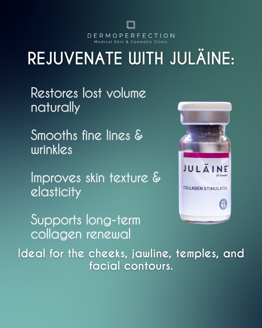 Advertisement for Dermoperfection's Juläine collagen stimulator; bullet points describe restoring volume, smoothing wrinkles, improving skin texture, and long-term collagen renewal with the bottle on the right.