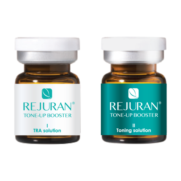 Two amber bottles with white caps labeled Rejuran Tone-Up Booster: left bottle 'I TRA solution', right bottle 'II Toning solution' (informational image).