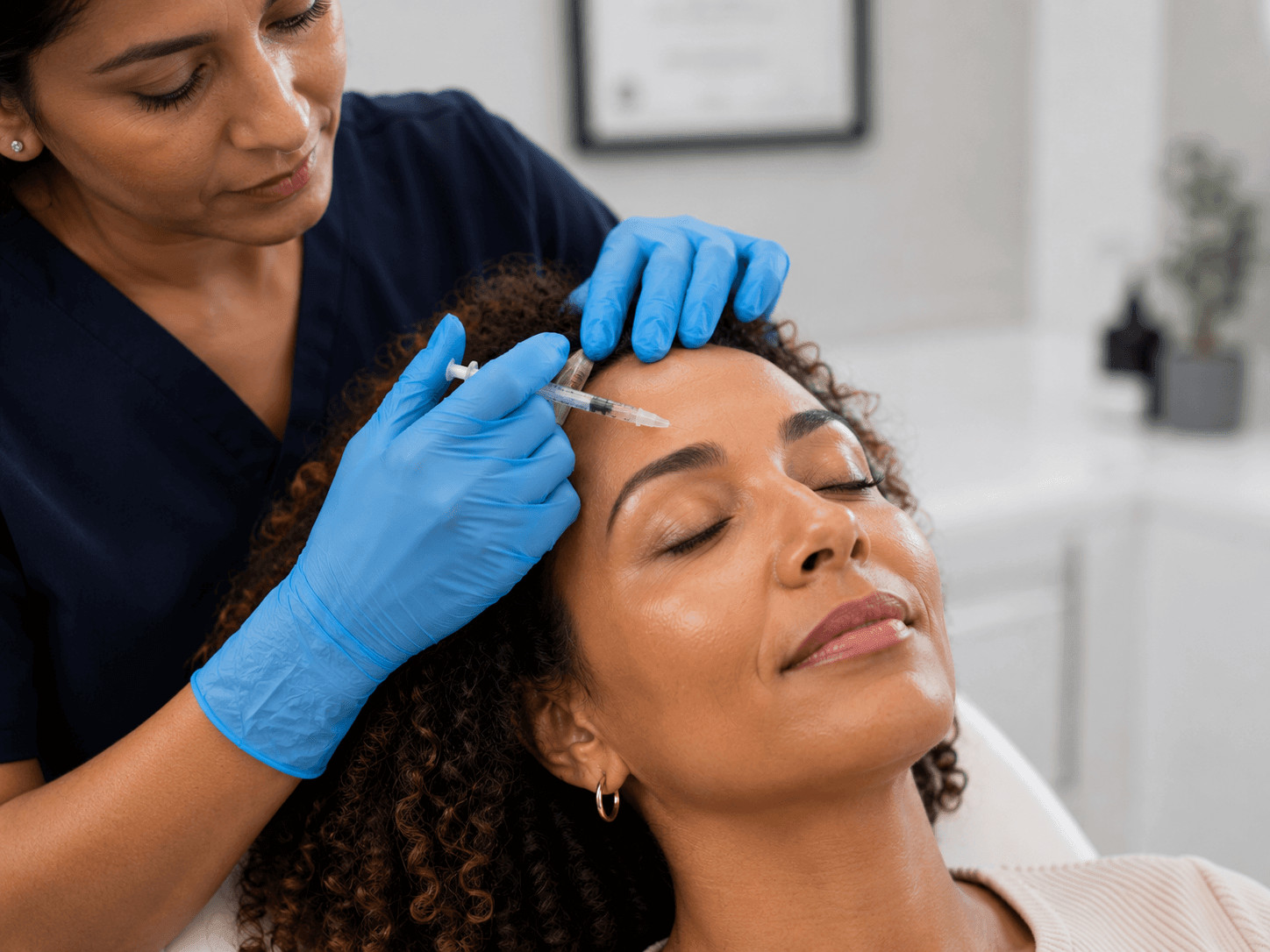 Practitioner in gloves administering an anti-wrinkle injection to a client's forehead at Dermoperfection, Birmingham