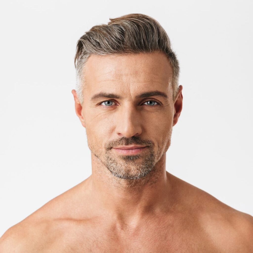 Man considering Botox anti-wrinkle treatment for forehead and frown lines