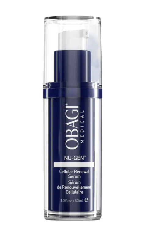Obagi Medical Nu-GEN Cellular Renewal Serum bottle in dark blue with a clear cap, upright image